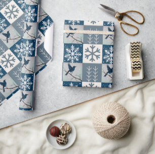 Papel De Regalo Patrón de Navidad de invierno de pájaros azules y