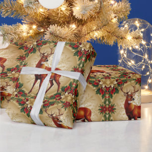 Papel De Regalo Patrón de navidad navideña de oro de lujo Red Deer
