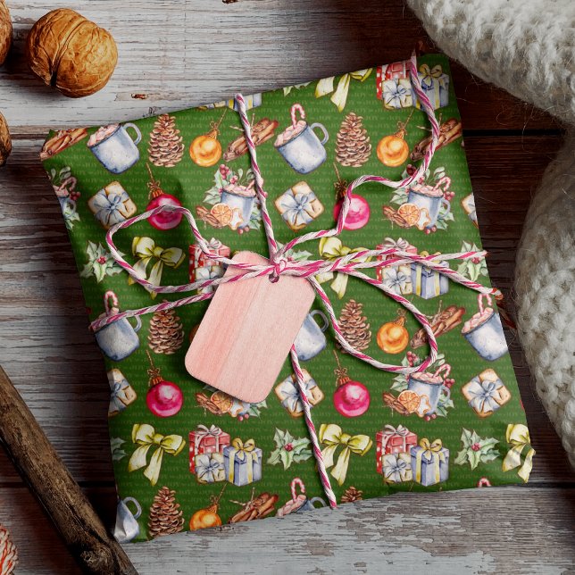 Papel De Regalo Patrón de Navidad retro verde festivo (Subido por el creador)