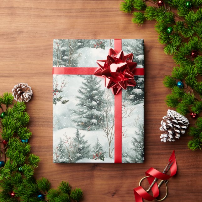 Papel De Regalo Patrón de navidades con bosques y pinos nevados (Regalo de vacaciones)