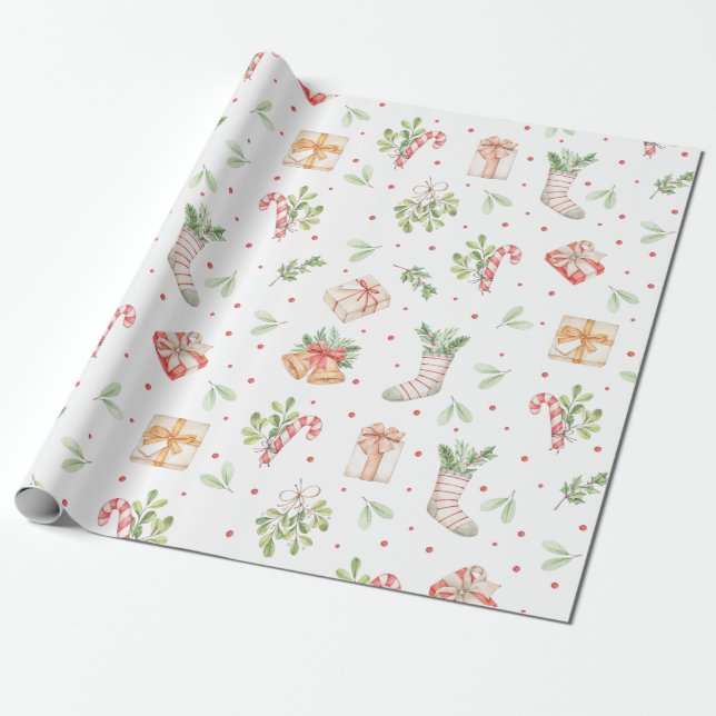 Papel De Regalo Patrón de Navidades de acuarela rústica (Desenrollado)