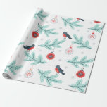 Papel De Regalo Patrón de Navidades de Aves Cutas<br><div class="desc">Elegante adorable patrón de Navidades con pájaros adorables adornos navideños y ramas de árboles en un patrón impecable</div>