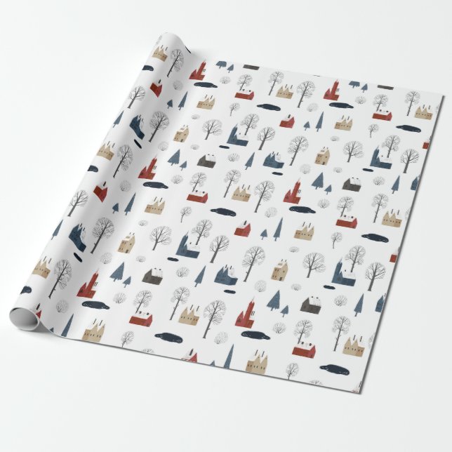 Papel De Regalo Patrón De navidades De Casas, Árboles, Estanques O (Desenrollado)