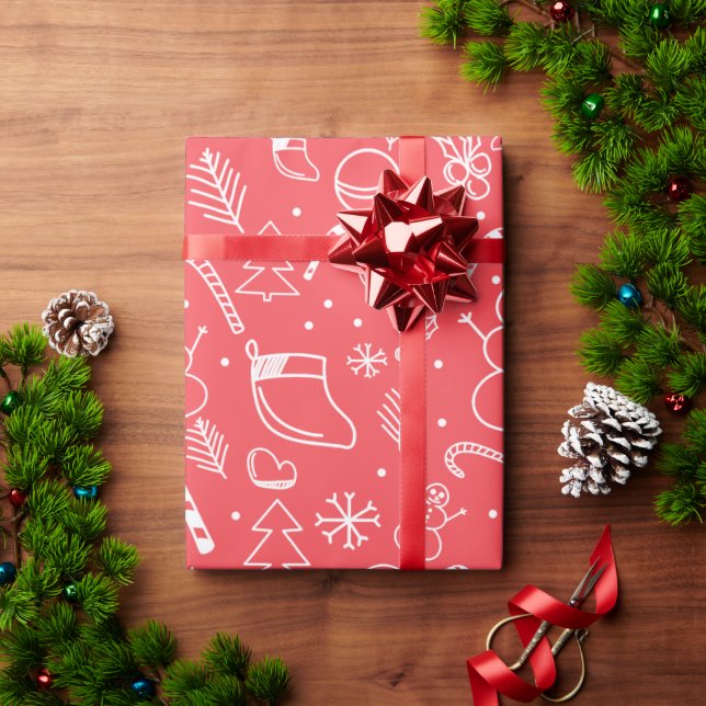 Papel De Regalo Patrón de Navidades de Doodle Rojo - Fiesta festiv (Regalo de vacaciones)