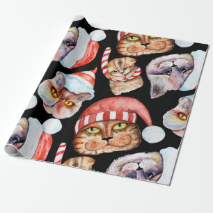 Papel De Regalo Patrón de Navidades de gato de color acuático