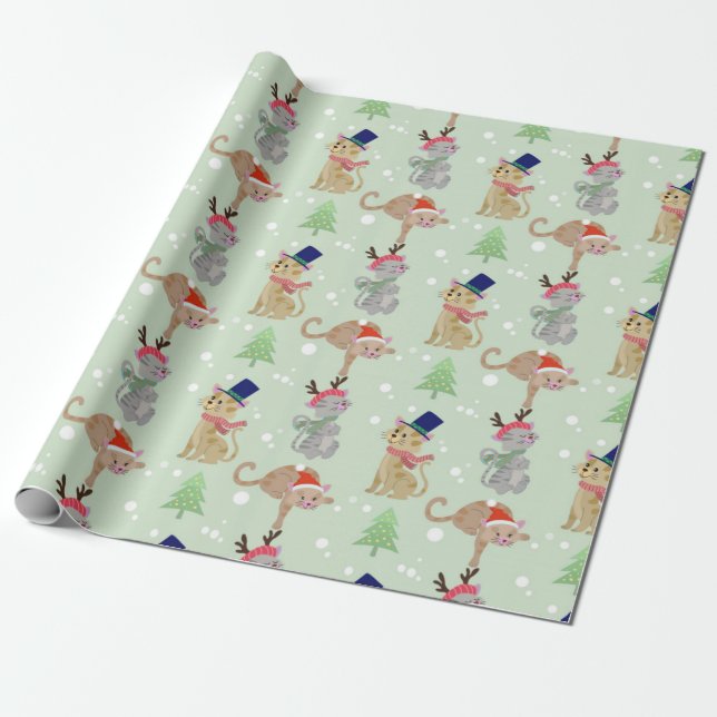 Papel De Regalo Patrón de Navidades de gatos felices (Desenrollado)