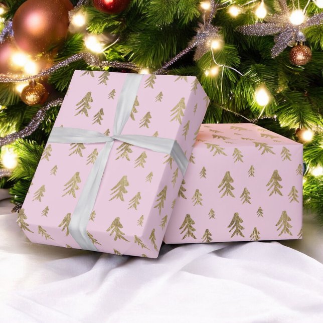 Papel De Regalo Patrón de navidades de ilustracion de árboles de c (Gold pink trees illustration christmas pattern wrapping paper)