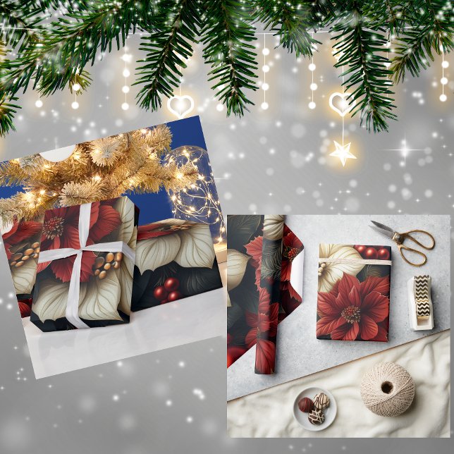 Papel De Regalo Patrón de Navidades de Poinsettia Roja (How cute would your christmas presents be with this elegant wrapping paper!)