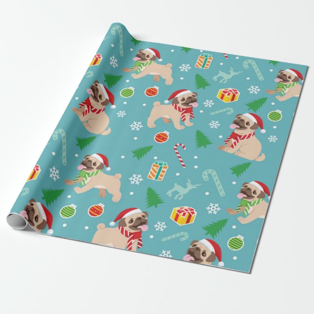 Papel De Regalo Patrón de Navidades de Pug Feliz (Desenrollado)