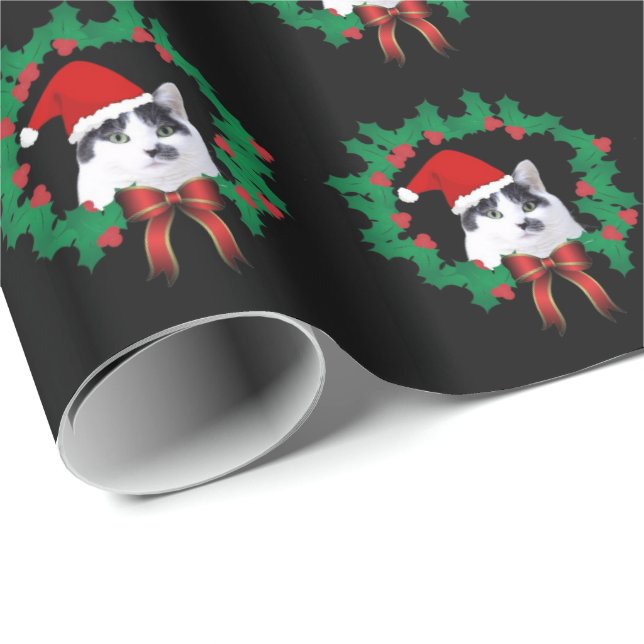 Papel De Regalo Patrón de Navidades de Santa Hat con gato (Esquina del rollo)