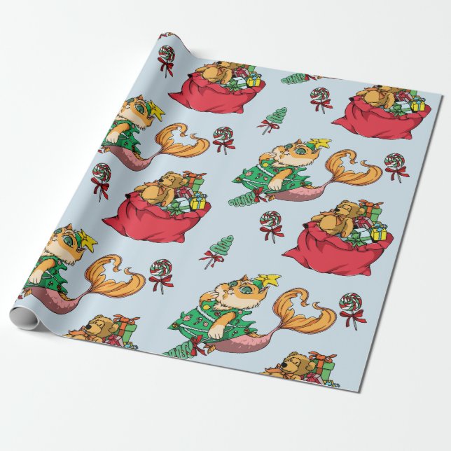 Papel De Regalo Patrón de navidades Gato de sirena divertida (Desenrollado)