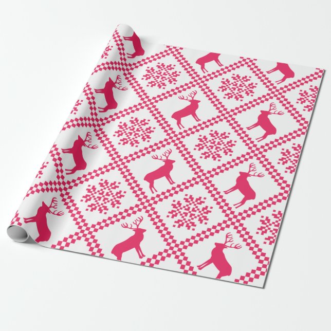 Papel De Regalo Patrón de Navidades geométricos de renos rosados (Desenrollado)