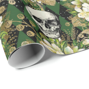 Papel De Regalo Patrón de Navidades góticos florales y cráneos