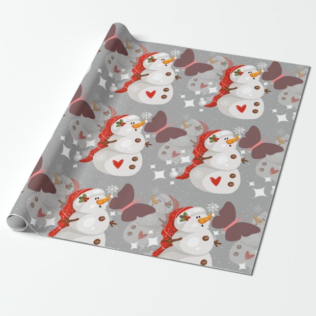 Papel De Regalo Patrón de navidades: hombre de nieve y mariposas (Desenrollado)