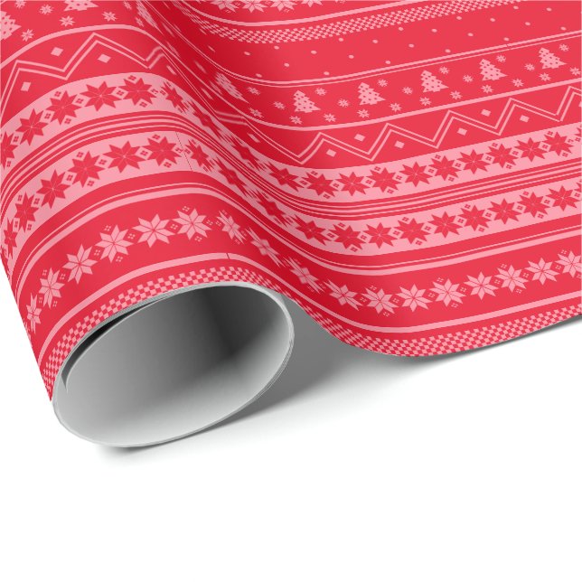 Papel De Regalo Patrón de Navidades Nórdicos Sweater Rojo Y Rosa (Esquina del rollo)