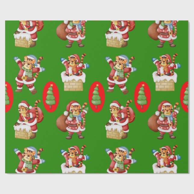 Papel De Regalo Patrón de Navidades repetitivos con tigres como Sa (Superficie plana)