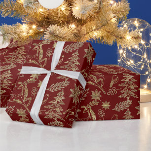 Papel De Regalo Patrón de Navidades rojo-oscuro en oro