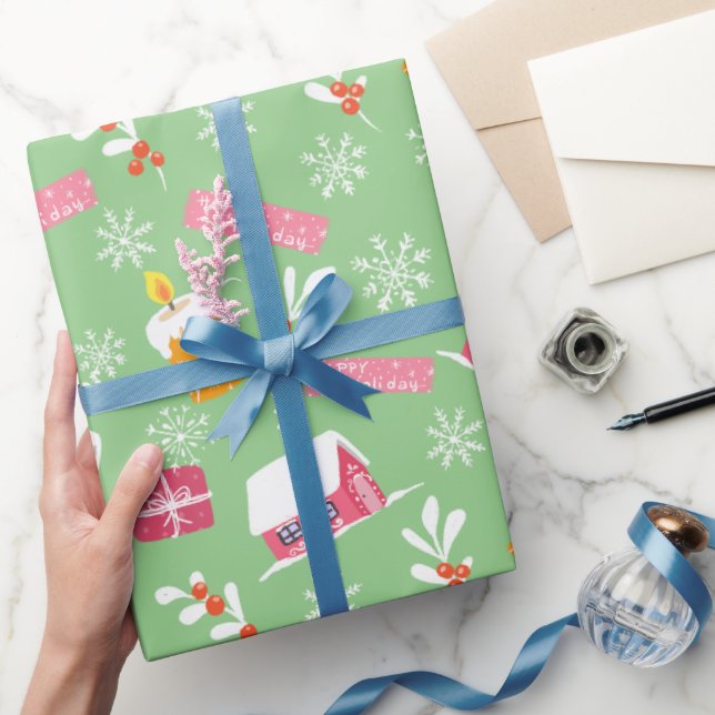 Papel De Regalo Patrón de Navidades rosados con fondo verde (Regalar)