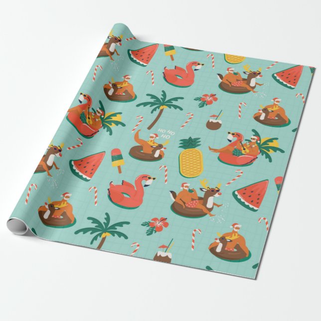 Papel De Regalo Patrón de Navidades tropicales de Santa (Desenrollado)