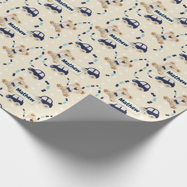Papel De Regalo Patrón de niño bebé de ositos y coches (Esquina)