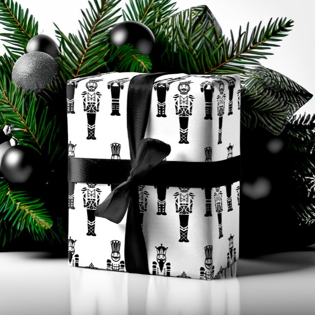 Papel De Regalo Patrón de nutcracker abstracto negro y blanco (Black & White Trendy Abstract Nutcracker Pattern Wrapping Paper)