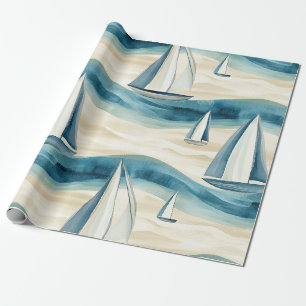 Papel De Regalo Patrón de ola del océano de velero azul moderno