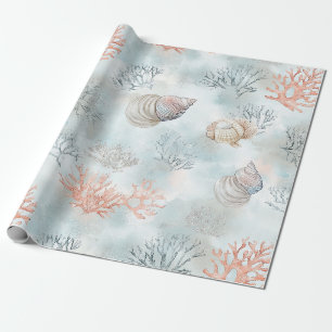 Papel De Regalo Patrón de olas de aqua y conchas de arrecife de co