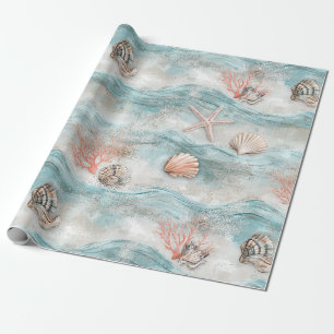 Papel De Regalo Patrón de olas de aqua y conchas de arrecife de co