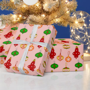 Papel De Regalo Patrón de ornamentos antiguos en rojo, verde y ros