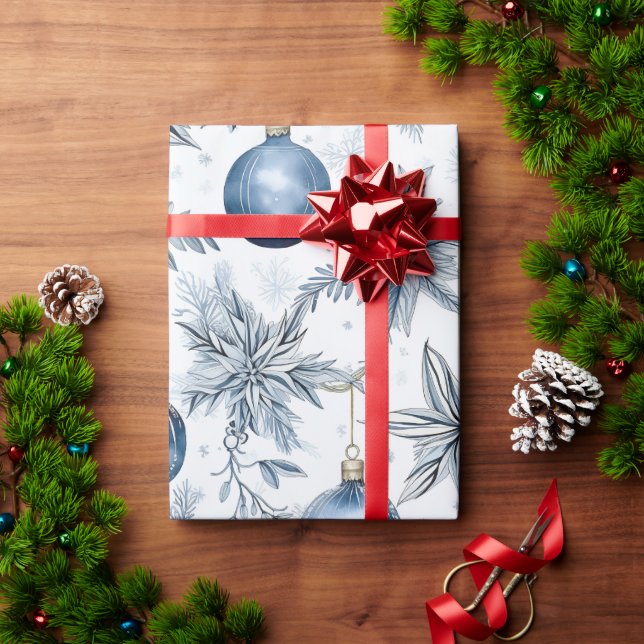 Papel De Regalo Patrón de ornamentos de árbol de Navidad azul vint (Regalo de vacaciones)