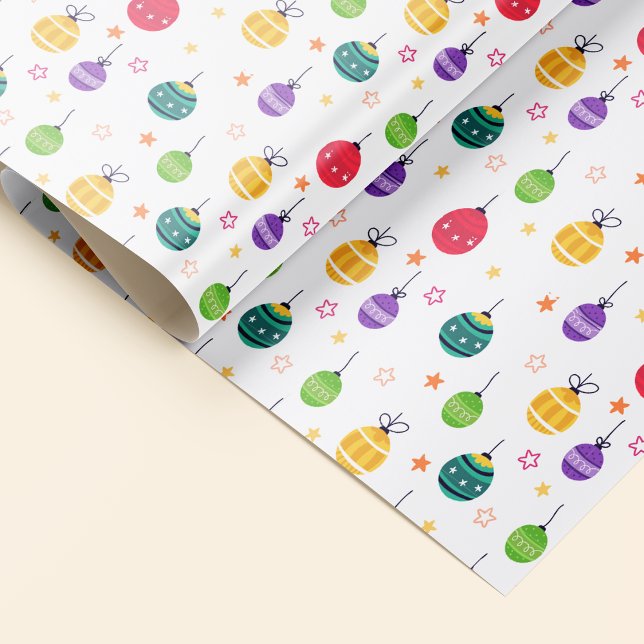 Papel De Regalo Patrón de ornamentos de árboles de navidad de colo (Cute Colorful Christmas Tree Ornaments Pattern Wrapping Paper)