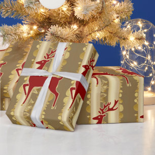 Papel De Regalo Patrón de oro alegre navidad de los renos rojos de