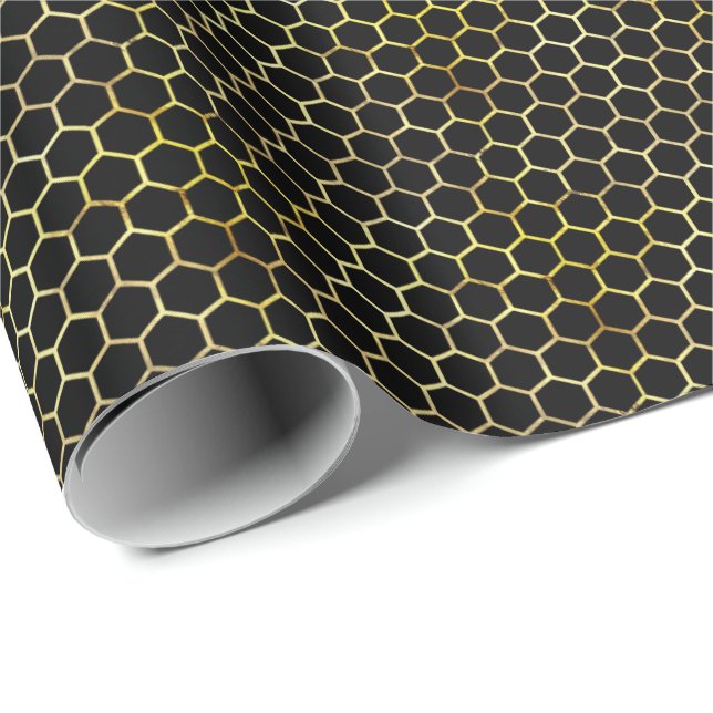 Papel De Regalo Patrón de oro moderno y abeja negro (Esquina del rollo)
