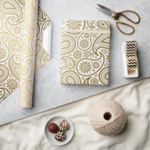 Papel De Regalo Patrón de paisley blanca y dorada