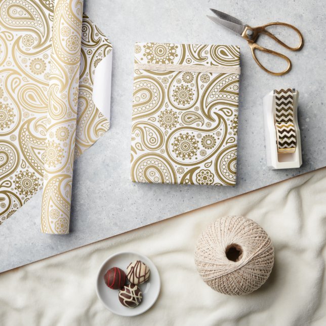 Papel De Regalo Patrón de paisley blanca y dorada (Artesanía)