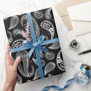 Papel De Regalo Patrón de paisley blanco negro