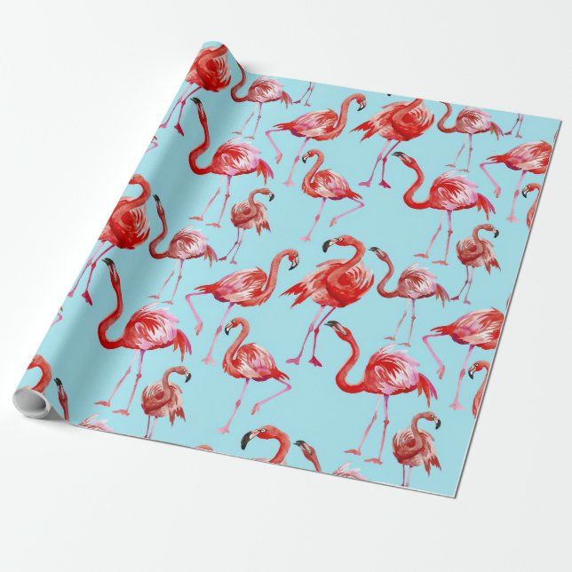 Papel De Regalo Patrón de pájaro rosado Aloha Flamingo en Verde az (Desenrollado)