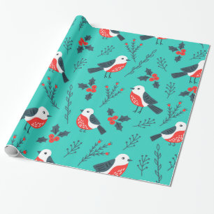 Papel De Regalo Patrón de pájaros y Navidades de Berry Holly