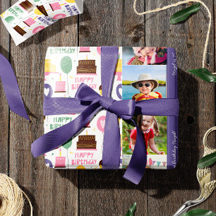 Papel De Regalo Patrón de pastel colorido Feliz cumpleaños con fot