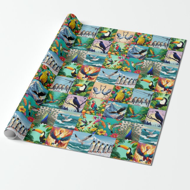 Papel De Regalo Patrón de patchwork de pájaros (Desenrollado)