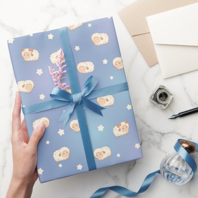 Papel De Regalo Patrón de pequeñas ovejas cortas en azul (Regalar)