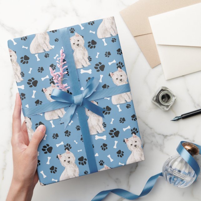 Papel De Regalo Patrón de perro blanco occidental en azul (Regalar)