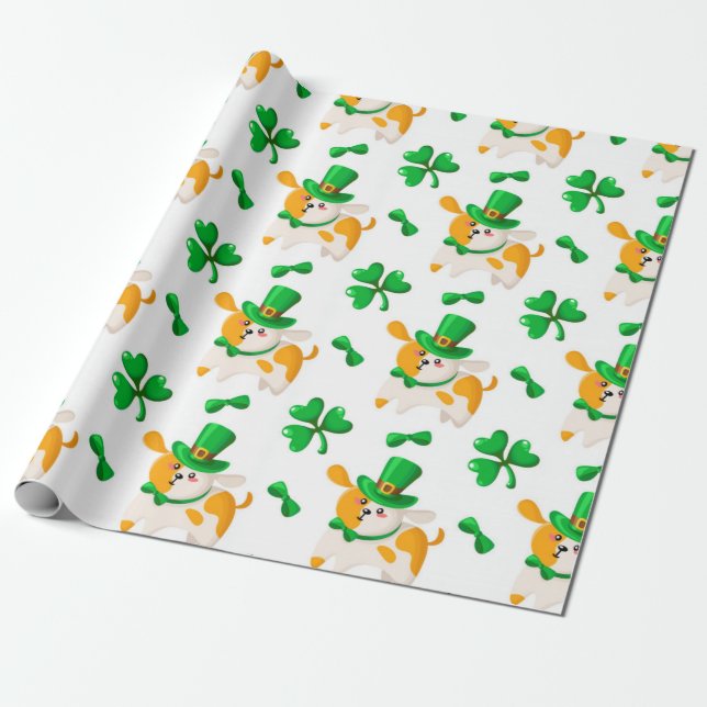 Papel De Regalo Patrón de Perro Feliz San Patricio (Desenrollado)
