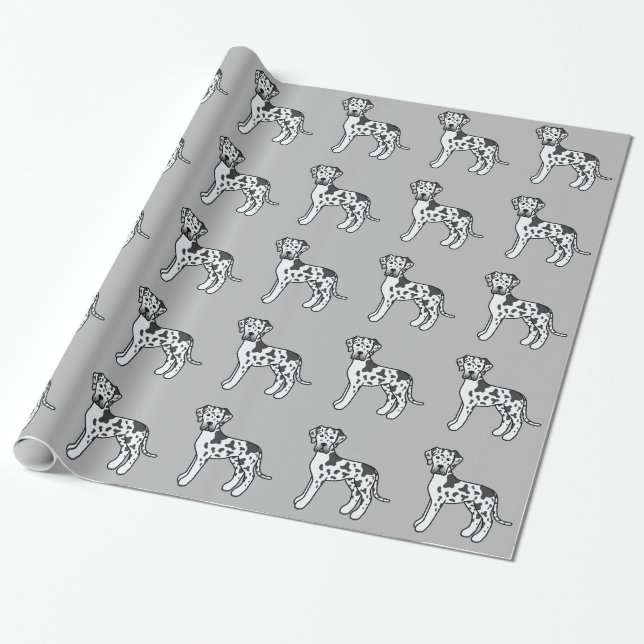 Papel De Regalo Patrón de perros Great Dane Harlequín sobre gris (Desenrollado)