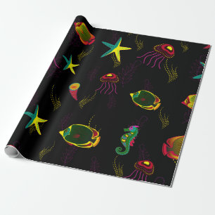 Papel De Regalo Patrón de pescado sin soldadura amarillo, negro y 
