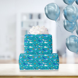 Papel De Regalo Patrón de pez estrella de ballena | Medio Verde az