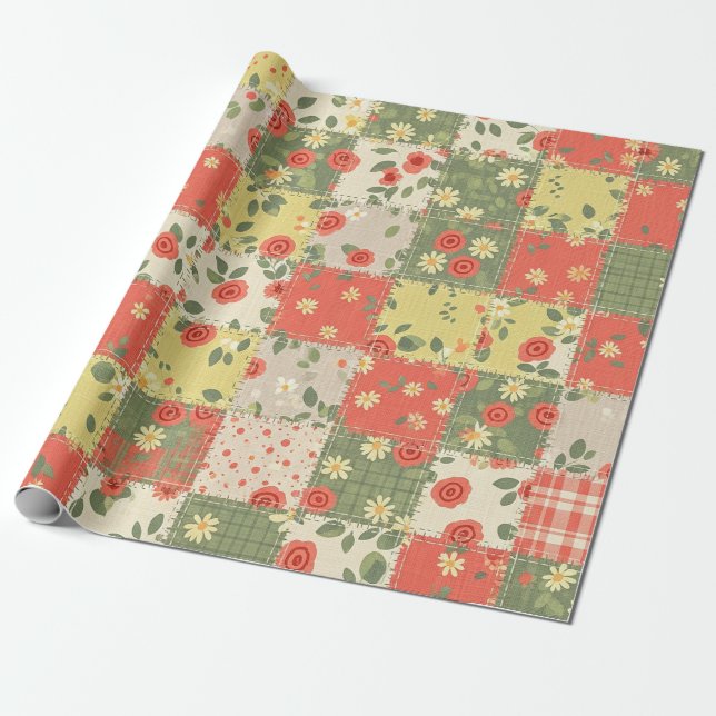 Papel De Regalo Patrón de picnic de patchwork floral pastel (11) (Desenrollado)