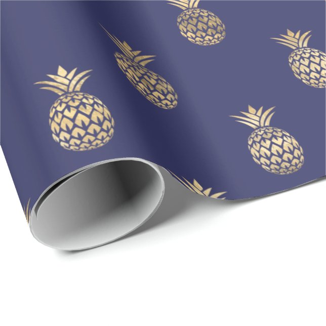 Papel De Regalo Patrón de piña de oro azul de la Marina Tropical  (Esquina del rollo)