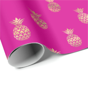 Papel De Regalo Patrón de piña dorada trópica rosa caliente 