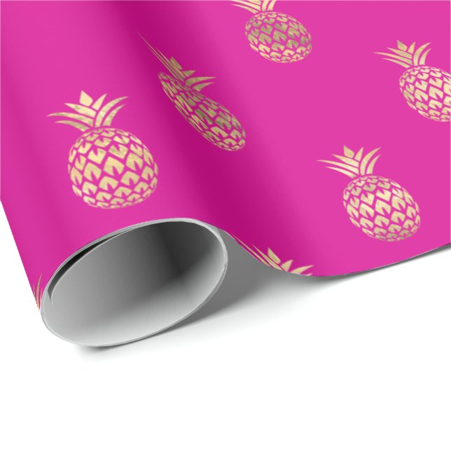 Papel De Regalo Patrón de piña dorada trópica rosa caliente  (Esquina del rollo)